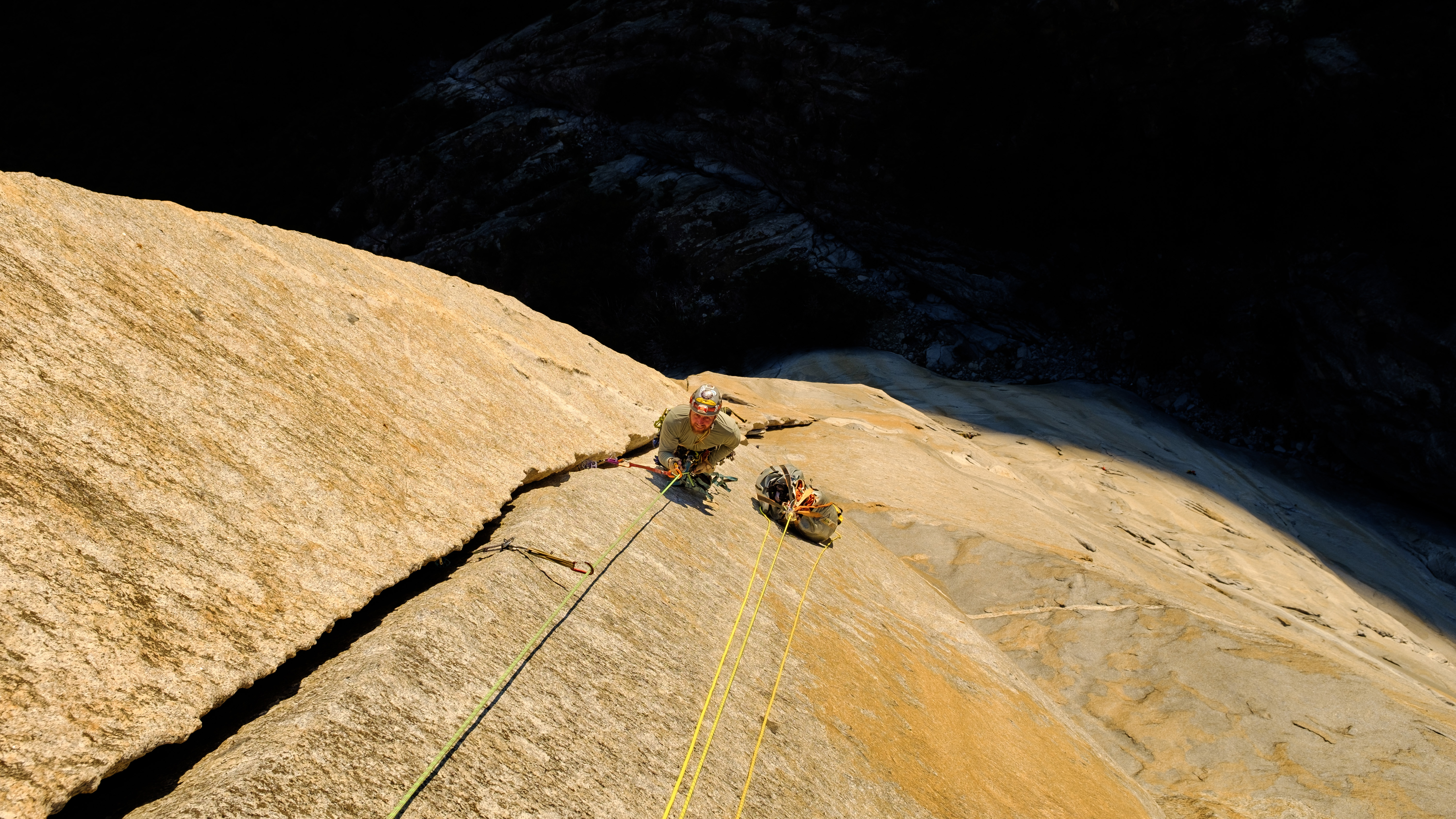 Aerial view of two climbers on a crack route